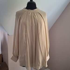 WEAR IN GOOD HEALTH TAN DRAPED LONG SLEEVE SILK BLOUSE LARGE
